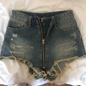 UNIF Destroyed Denim Shorts Double Zipper Cut Offs